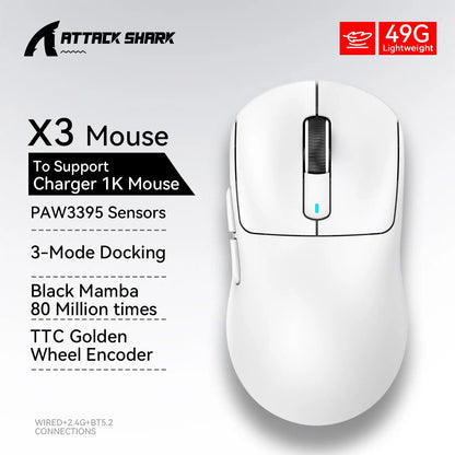 Bezdrôtová herná myš X3 ATTACK SHARK, červená farba, 4K odozva, Bluetooth trojrežimové pripojenie, PAW3395, makro Bluetooth herná myš