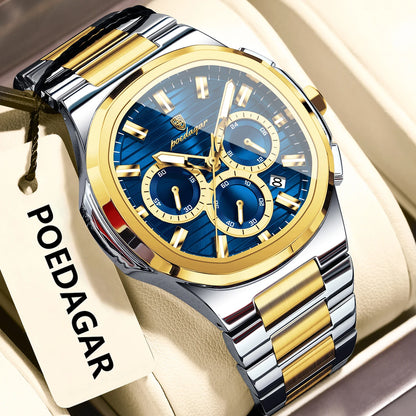 Montre-bracelet homme d'affaires POEDAGAR, chronographe avec date, étanche et lumineuse, de luxe, en acier inoxydable et à quartz.