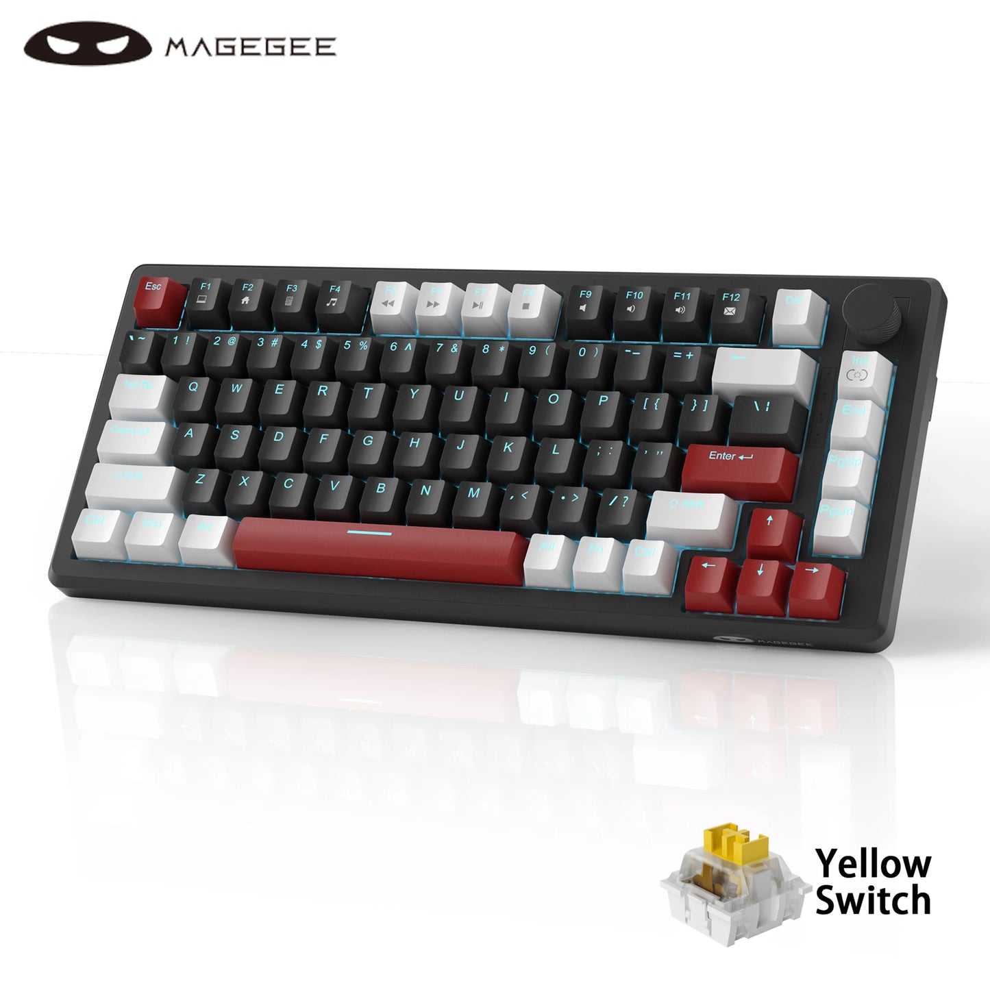 MageGee 75% Mechanical Gaming Keyboard with Knob Control, Wired Mechanical Gaming Keyboard with Blue Backlit, Red/Yellow Switch Gaming Keyboard for PC Windows