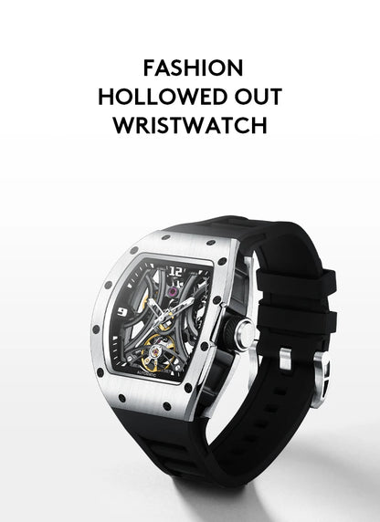 Luxury Automatic Watch Men Sports Barrel Skeleton Design Mechanical Movement Silicone Strap 5 ATM Waterproof Watches
