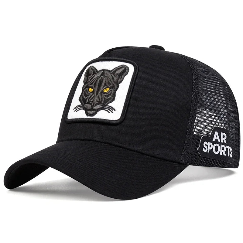 Modebaseballkasket med kattebroderi, sommerkasket i åndbart net, justerbar, hiphop-trucker-kasket, til mænd og kvinder, udendørs solkasket