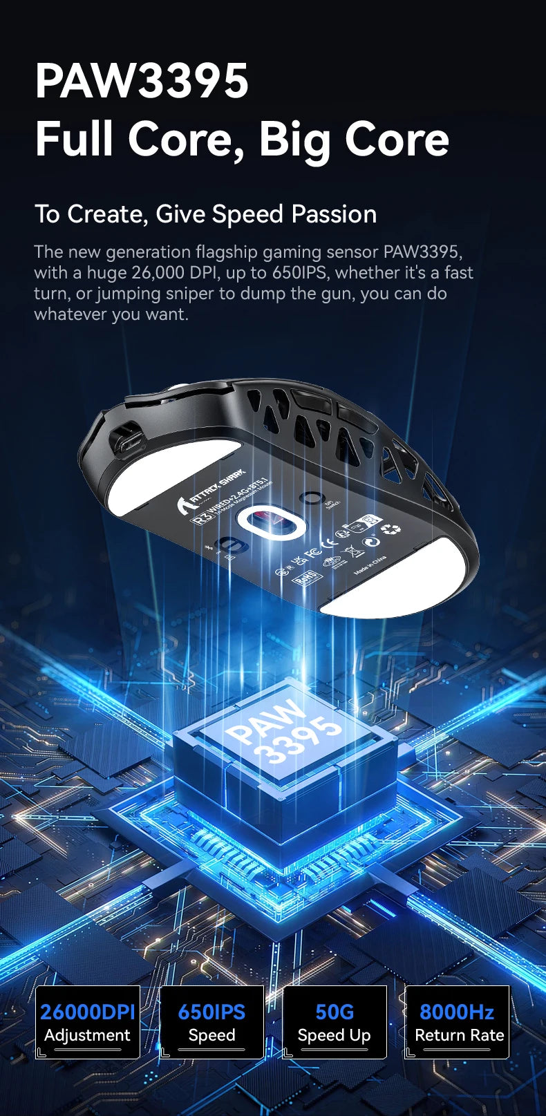 Ποντίκι Gaming ATTACK SHARK R3 από κράμα μαγνησίου με κυψελωτό σχεδιασμό, εξαιρετικά ελαφρύ, 8K Hz, αισθητήρας PAW3395, 26000 DPI, εργονομικό κέλυφος