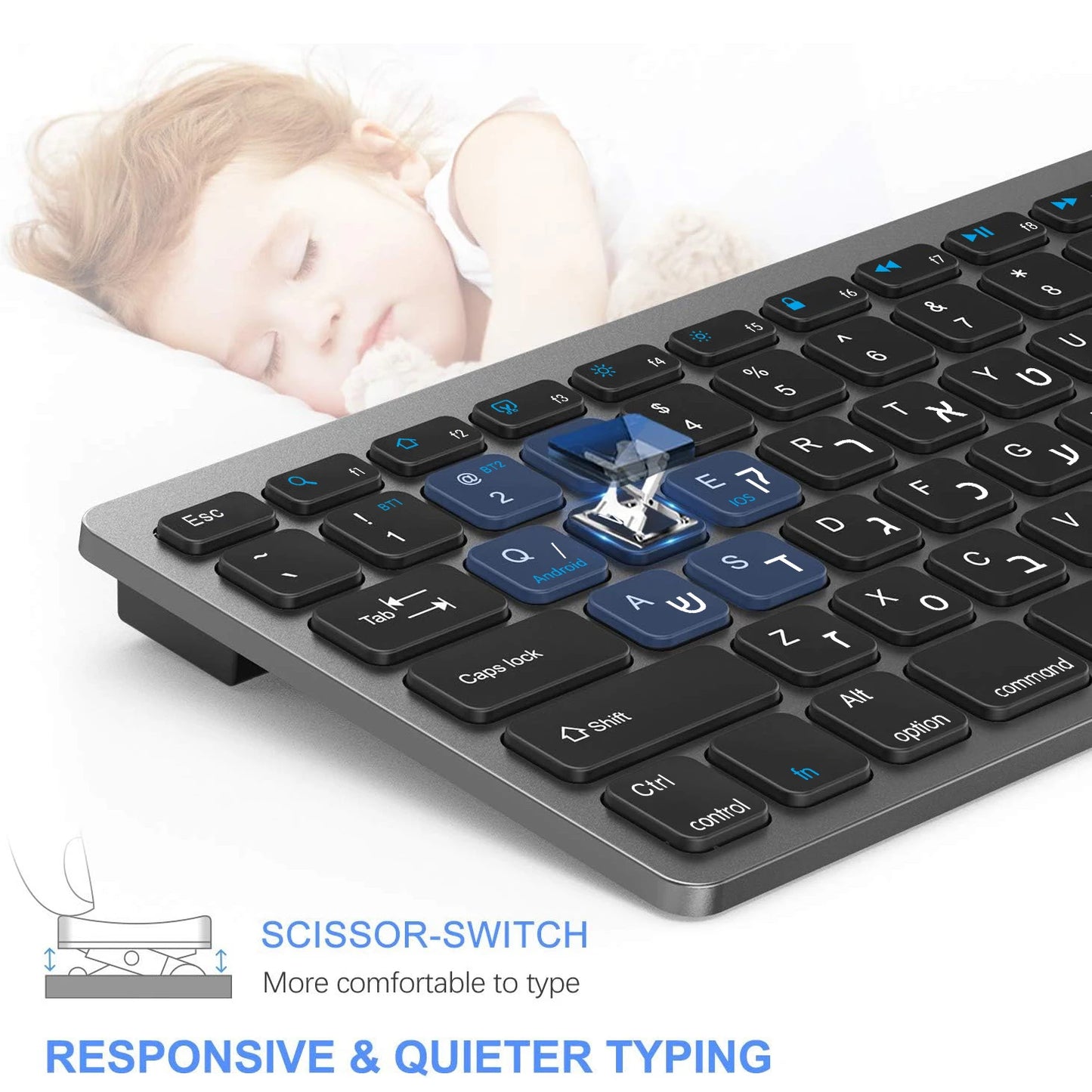 Ultraflache hebräische Bluetooth- & 2.4G-Dual-Mode-Tastatur, kabellose Israel-Tastatur mit geringer Geräuschentwicklung für iOS, iPad, Android-Tablets und Windows