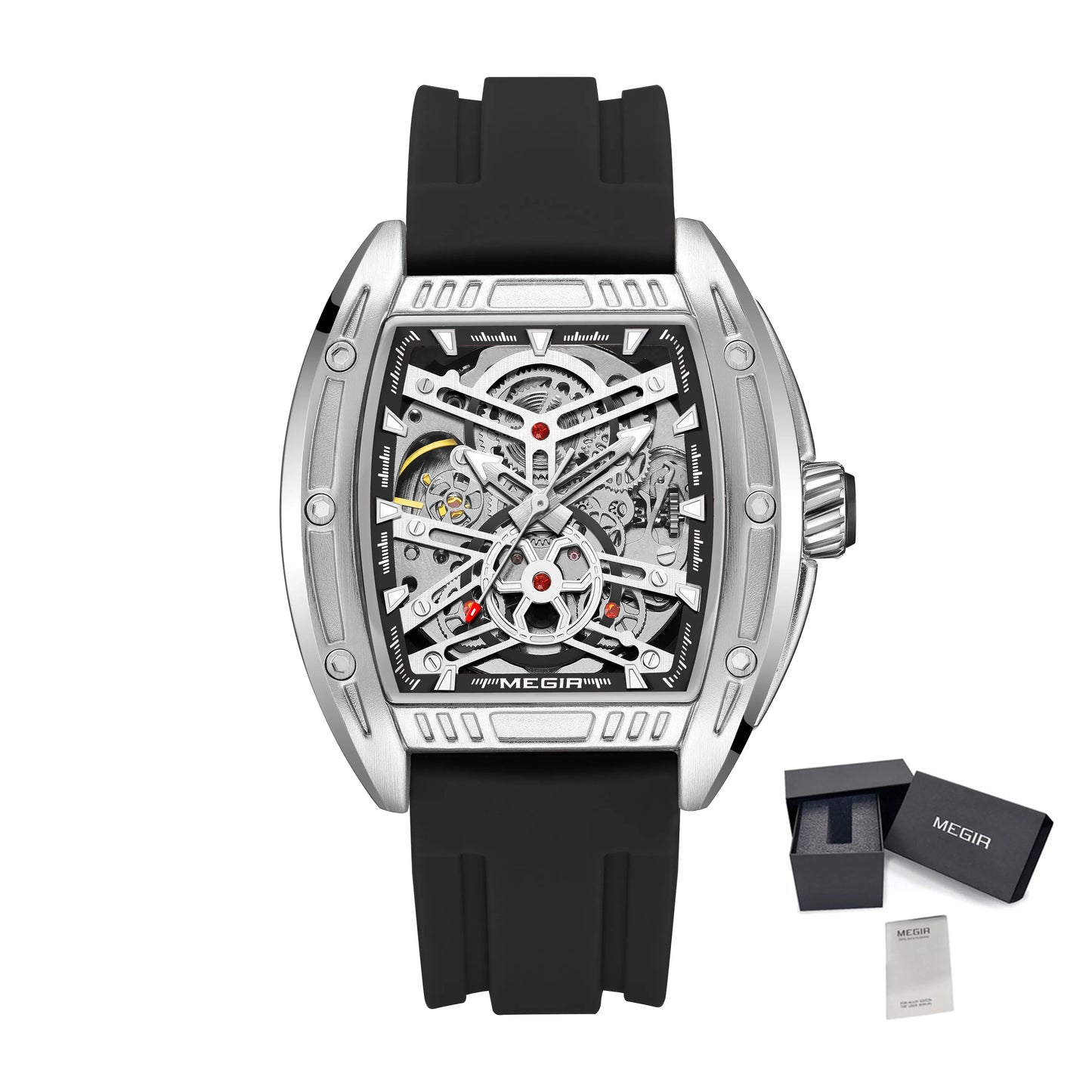 2026 Men's Automatic Mechanical Watch with Stainless Steel Case Silicone Band Skeleton Dial Waterproof Sport Wristwatch