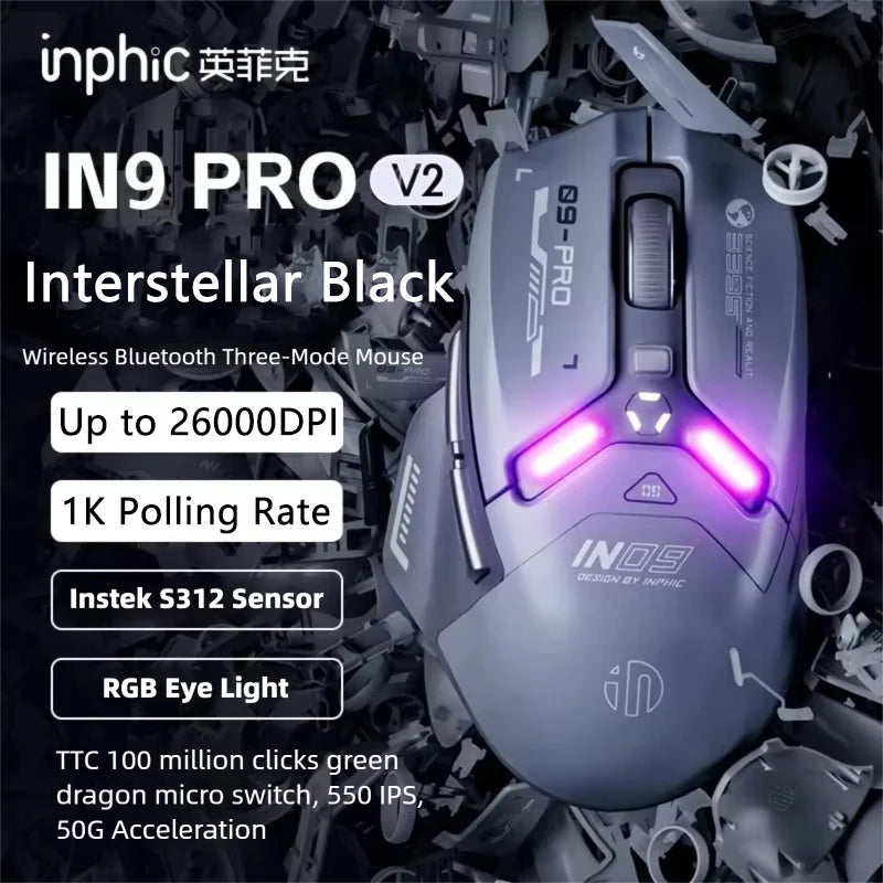 Inphic IN9PRO Wireless Gaming Mouse 26000 DPI Tri-Mode Bluetooth RGB Ergonomic Gaming Mouse with PAW3395 Sensor & 8K Polling Support