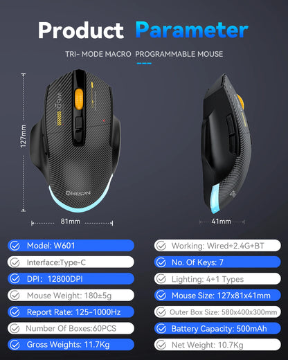 12800DPI Tri-Mode Wireless Gaming Mouse with Bluetooth, 2.4G & Wired Connection, Macro Programming, Carbon Fiber Design, 7 Keys Rechargeable Mouse