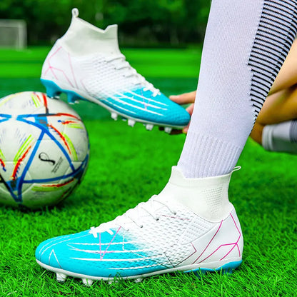 New Professional High-Top Football Shoes Artificial Grass Leather Youth Students Training Soccer Shoes for Men and Women Sports