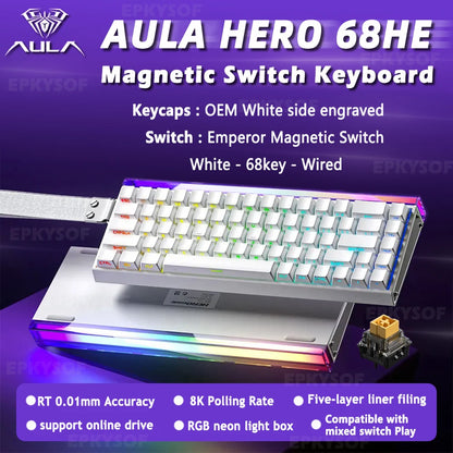 Teclado AULA HERO 68HE con interruptores magnéticos RGB Gaming mecánico Rapid Trigger retorno 8K con cable para esports personalizable