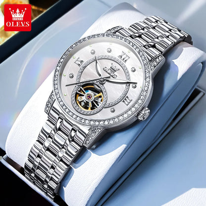 OLEVS Women's Watches Starry Sky Design Automatic Watch for Women Stainless Steel Flywheel Hollowed Ladies Mechanical Watch 7036