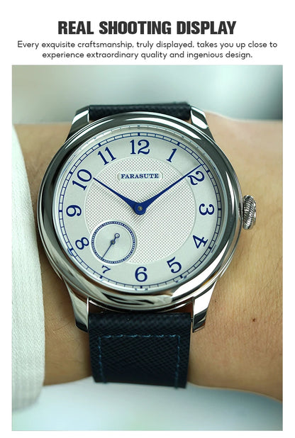 FARASUTE NEW Machinery Herrenuhr mit lachsfarbenem Zifferblatt, ST17 Handaufzug-Mechanikuhr, Kleine Sekunde, Vintage-Bonklip-Armband