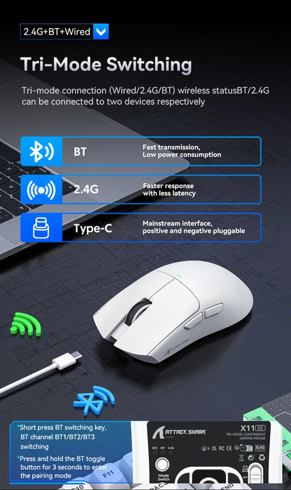 ATTACK SHARK X11 Wireless Gaming Mouse, 22K DPI PAW3311 Tri-Mode Gaming Mouse, Bluetooth 2.4G Wired RGB Lightweight Gaming Mouse