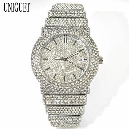 2025 UNIGUET Men's Fashion Iced Watches Luxury Hip Hop Full Diamond Jewelry Quartz Waterproof Business Wrist Watch for Men New