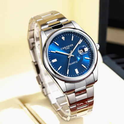Męski zegarek na rękę CHRONOS – luksusowa marka, wodoodporny, podświetlany, z datownikiem, ze stali nierdzewnej, z mechanizmem kwarcowym.