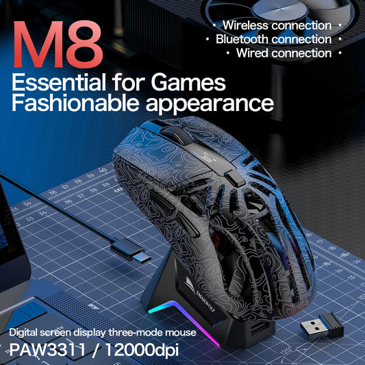 SMAILWOLF M8 Wireless Bluetooth Tri-Mode Gaming Mouse, 12000 DPI Lightweight RGB Gaming Mouse with PAW3311 Sensor, Magnetic Charging Dock