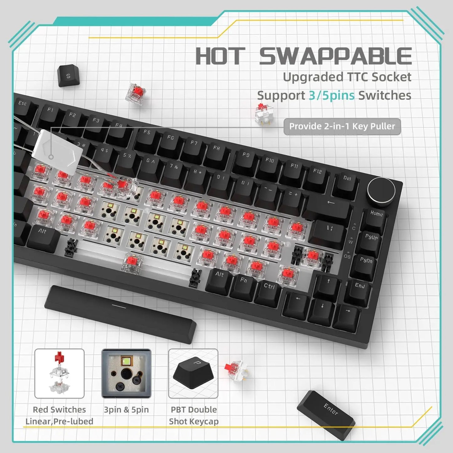 Ajazz AK820/AK820Pro Gaming Mechanical Keyboard Bluetooth 2.4G wireless/wired with hot-swappable volume buttons