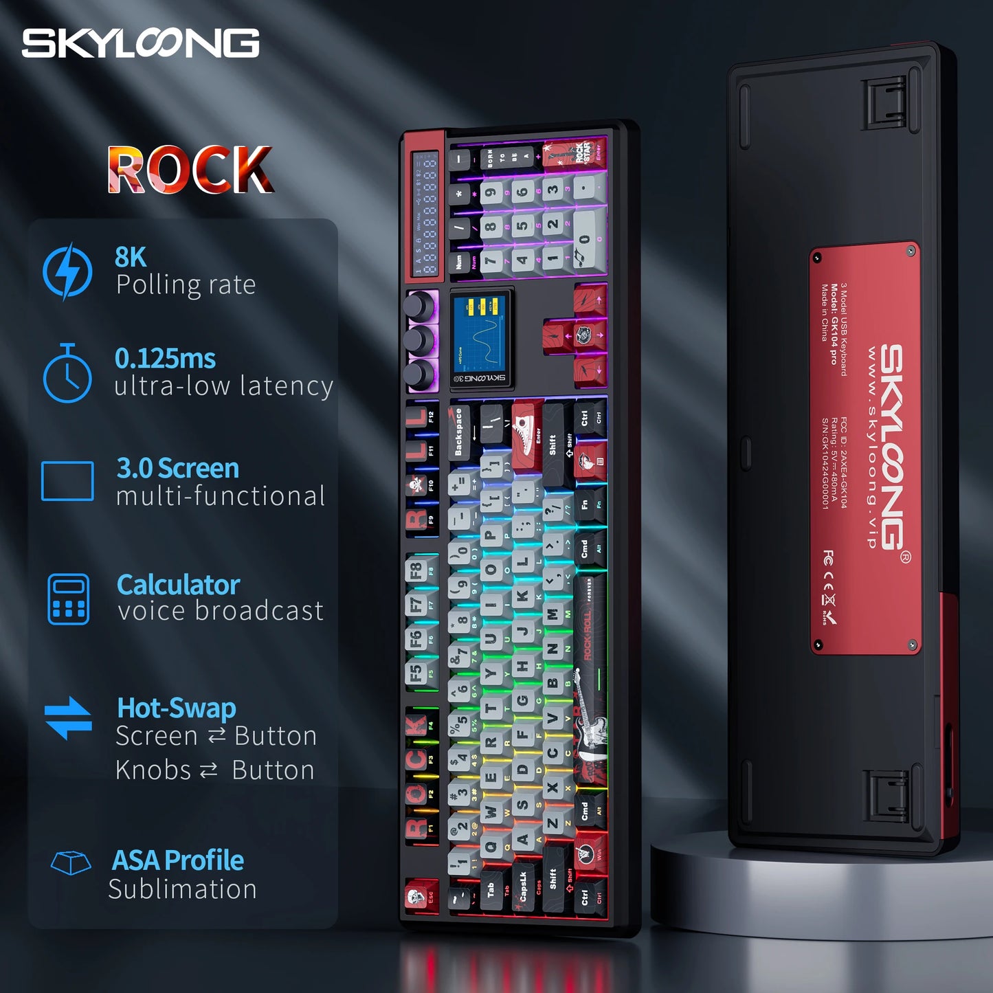 SKYLOONG GK104 Pro Wireless Mechanical Keyboard, 104-Key Custom Hot-Swappable RGB Gaming Keyboard with LCD Screen, Triple Mode Bluetooth/2.4G/USB-C Mechanical Keyboard