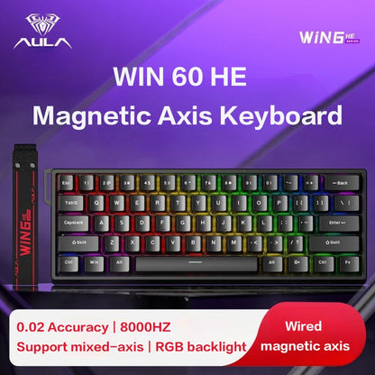 AULA WIN60 HE Magnetic Axis Mechanical Keyboard, 61-Key Wired Gaming Keyboard with Hall Effect Switches, 8K Polling Rate, Hot-Swappable RGB Keyboard for Esports & PC Gaming
