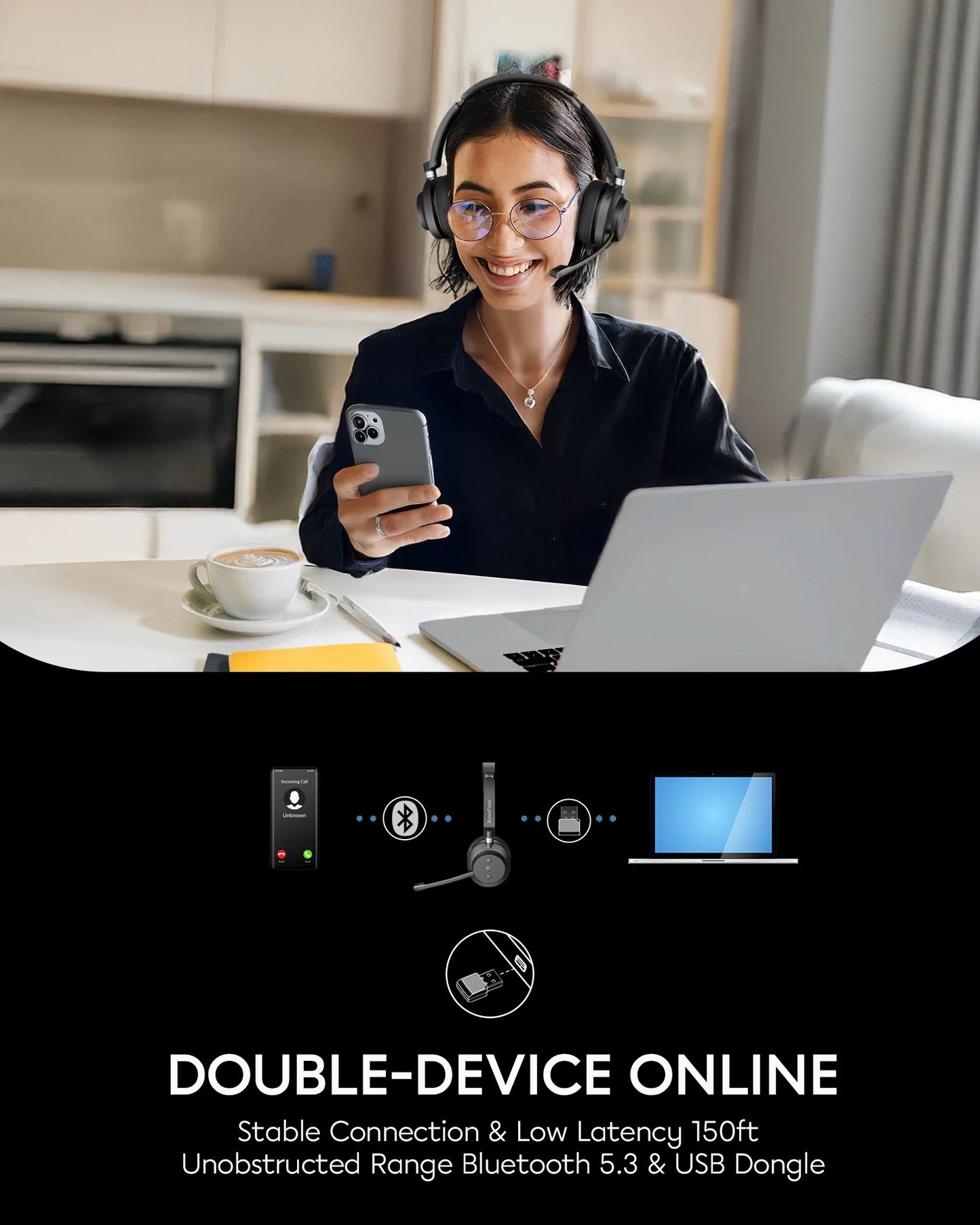 Rownfusny Wireless Headset with Mic for Work Bluetooth Over Ear Headphones USB Dongle for Computer/Remote Work/Call Center