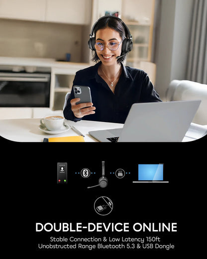 Rownfusny Wireless Headset with Mic for Work Bluetooth Over Ear Headphones USB Dongle for Computer/Remote Work/Call Center