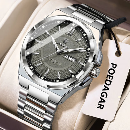 Montre-bracelet de luxe POEDAGAR Sport Original pour homme, à quartz, avec date et jour de semaine, étanche et lumineuse, en acier inoxydable.