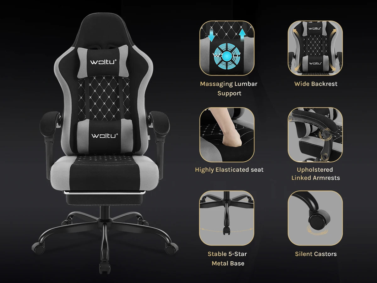 WOLTU Massage Gaming Chair Ergonomic Swivel Computer Chair with Pillow & Footrest Adjustable Headrest Lumbar Support Gamer Chair