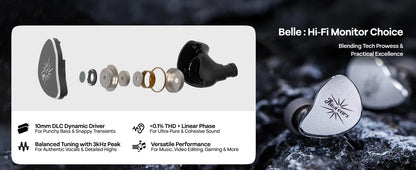 Linsoul Kiwi Ears Belle HiFi IEM Earphones 10mm DLC Dynamic Driver Wired In-Ear Monitors with Premium Sound Signature