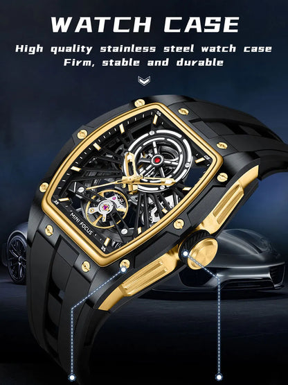 MINI FOCUS Men's Wristwatch Fashion Black Waterproof Automatic Mechanical Watch with Luminous Hands Silicone Strap Tonneau Dial