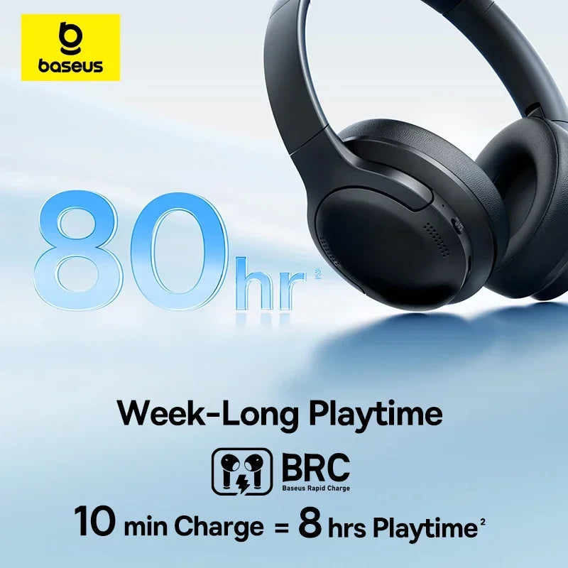 Baseus BH1 Lite Bluetooth 6.0 Wireless Headphones with Super Bass, ENC Clear Calls, 80H Playtime, Over Ear Headset for Gaming & Music