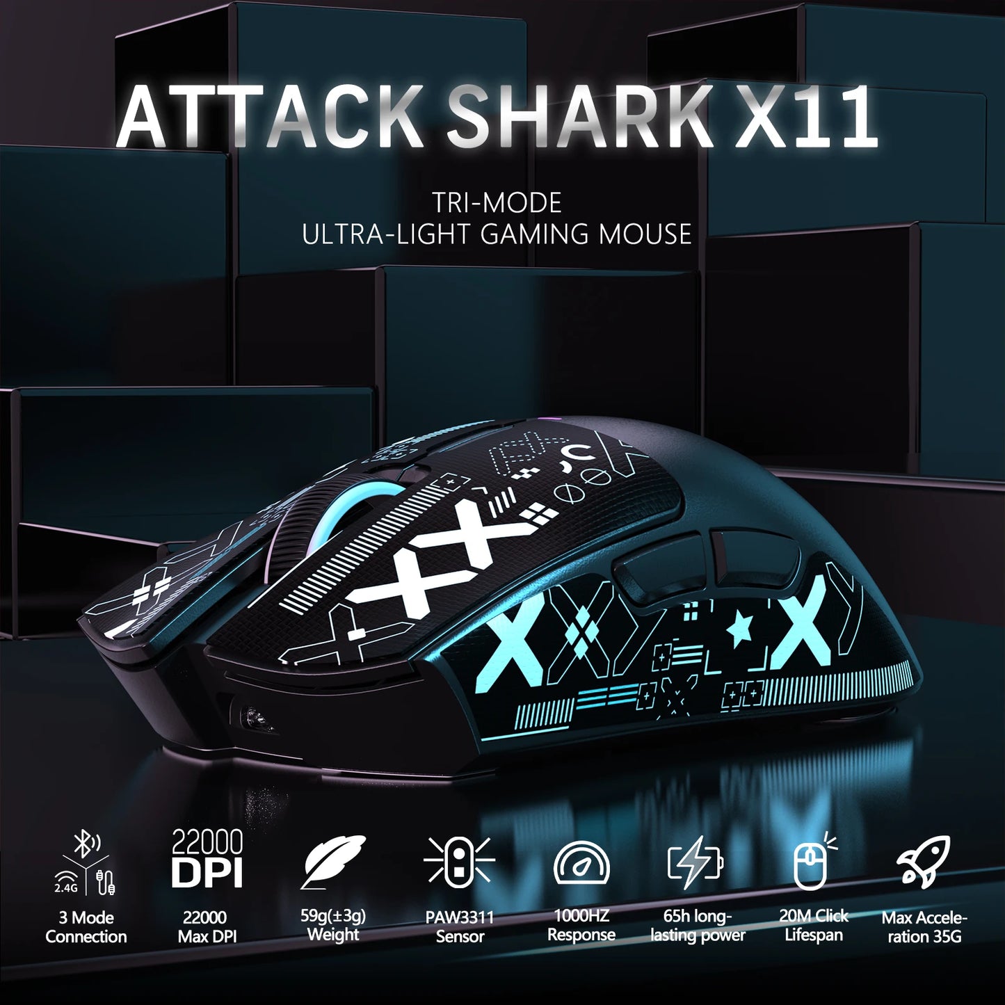 ATTACK SHARK X11 Wireless Gaming Mouse with Charging Dock, PixArt PAW3311 Sensor, Tri-Mode Bluetooth, 2.4G & Wired RGB Gaming Mouse
