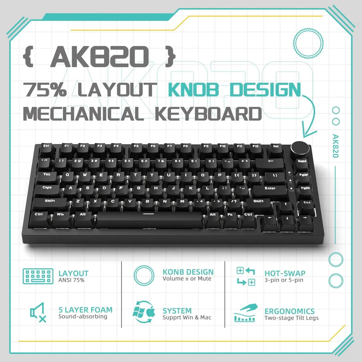 Ajazz AK820/AK820Pro Gaming Mechanical Keyboard Bluetooth 2.4G wireless/wired with hot-swappable volume buttons