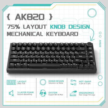 Ajazz AK820/AK820Pro Gaming Mechanical Keyboard Bluetooth 2.4G wireless/wired with hot-swappable volume buttons