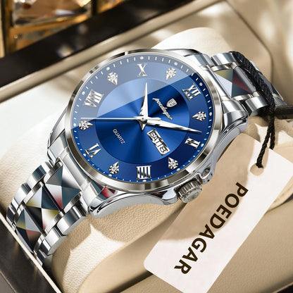 Relógio de homem POEDAGAR, modelo de luxo original, estanque, luminoso, com indicação da data e do dia, estilo elegante, caixa em aço inoxidável, movimento de quartzo, ideal para o trabalho.