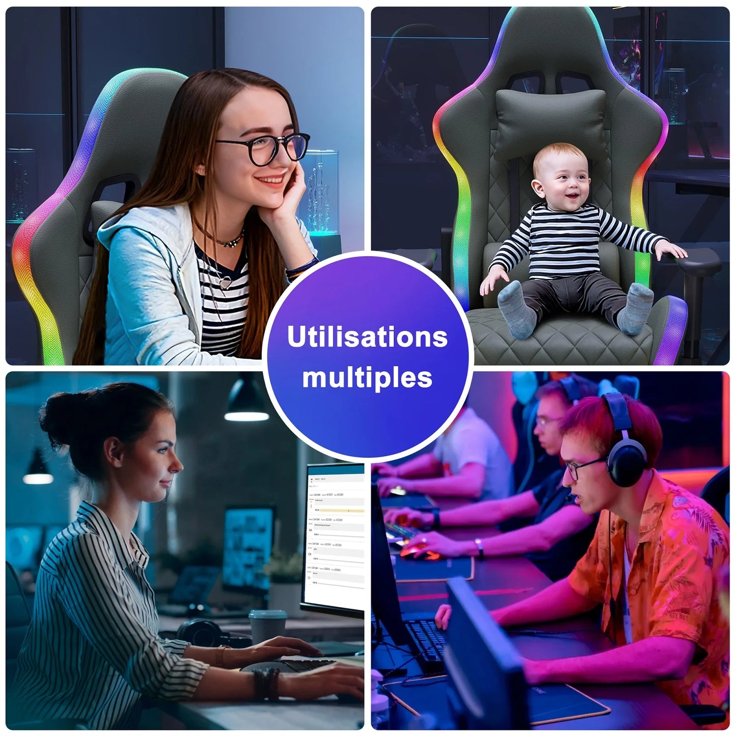 LED Gaming Chair Ergonomic Office Chair with Adjustable Backrest, PU Leather Computer Chair with Lumbar Support Cushion, Footrest & Headrest
