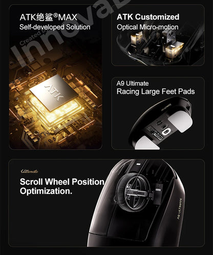 ATK Dragonfly A9 Ultimate vezeték nélküli gaming egér A9 Air PAW3950, ultrakönnyű ergonomikus e-sport gamer FPS egér CSGO-hoz A9 Ultra