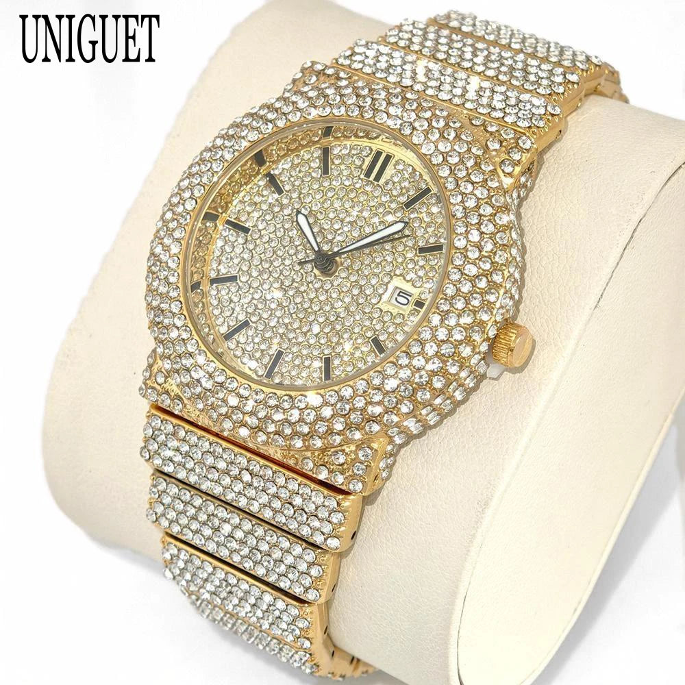 2025 UNIGUET Men's Fashion Iced Watches Luxury Hip Hop Full Diamond Jewelry Quartz Waterproof Business Wrist Watch for Men New