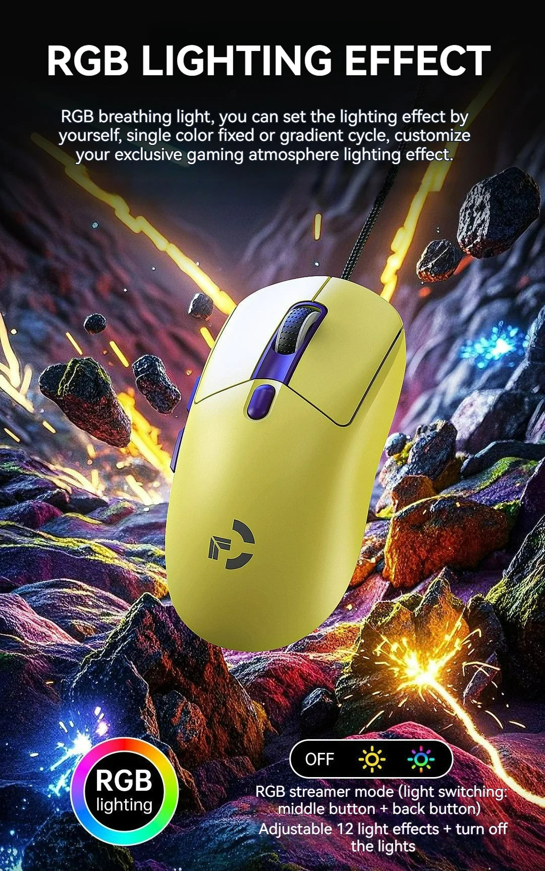 Xundler Wired Gaming Mouse 12800 DPI RGB Programmable Ergonomic USB Gaming Mouse with Instant A825 Sensor, 6 Adjustable DPI Levels for PC & Laptop