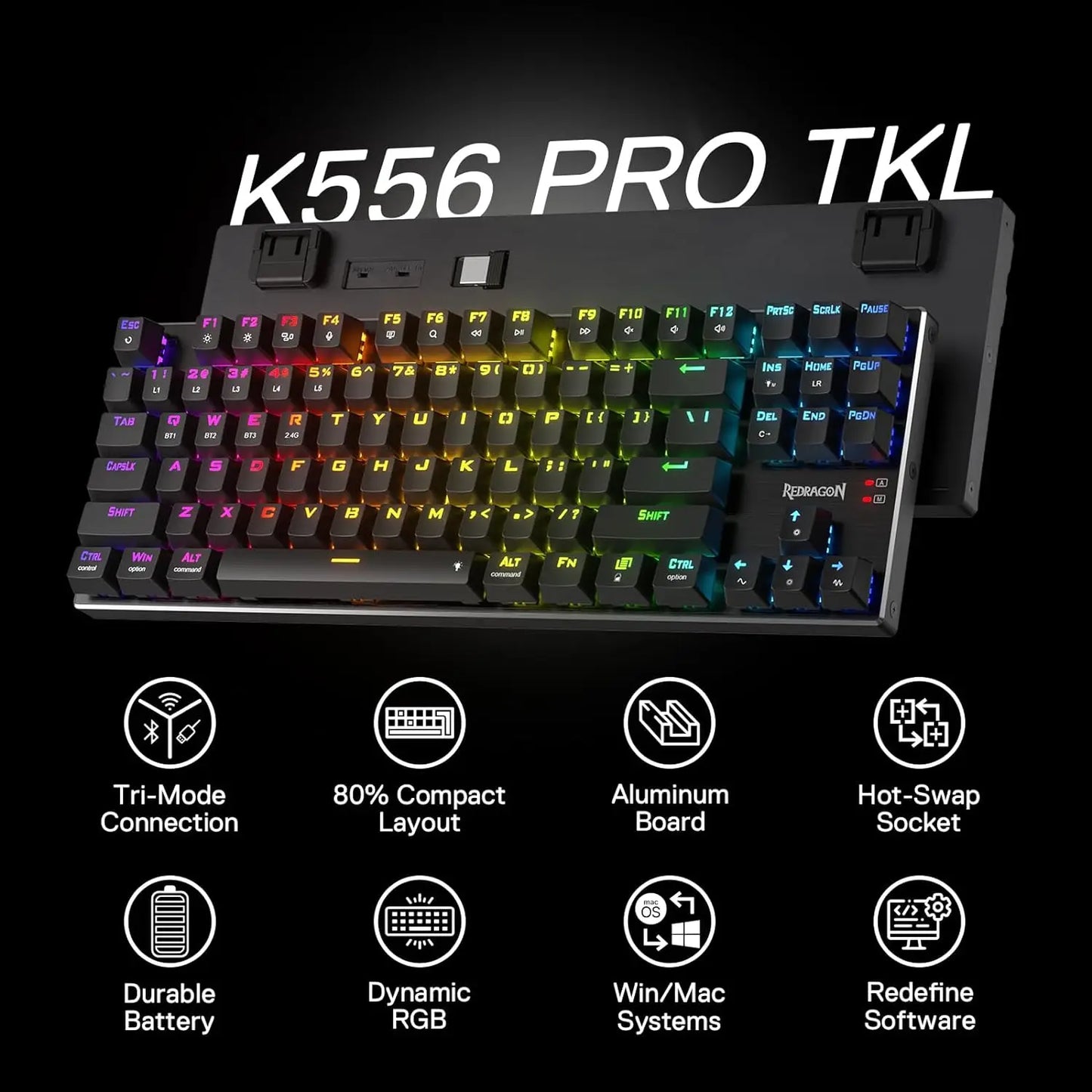 Redragon K556 PRO TKL Wireless RGB Gaming Keyboard, 87-Key Tri-Mode Hot-Swappable Mechanical Keyboard with Bluetooth, 2.4GHz & USB-C for Windows & Mac