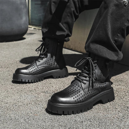 Non-Slip Men's High Top Casual Leather Shoes Street Style Motorcycle Boots New Stylish Ankle Boots Thick Bottom Walking Footwear