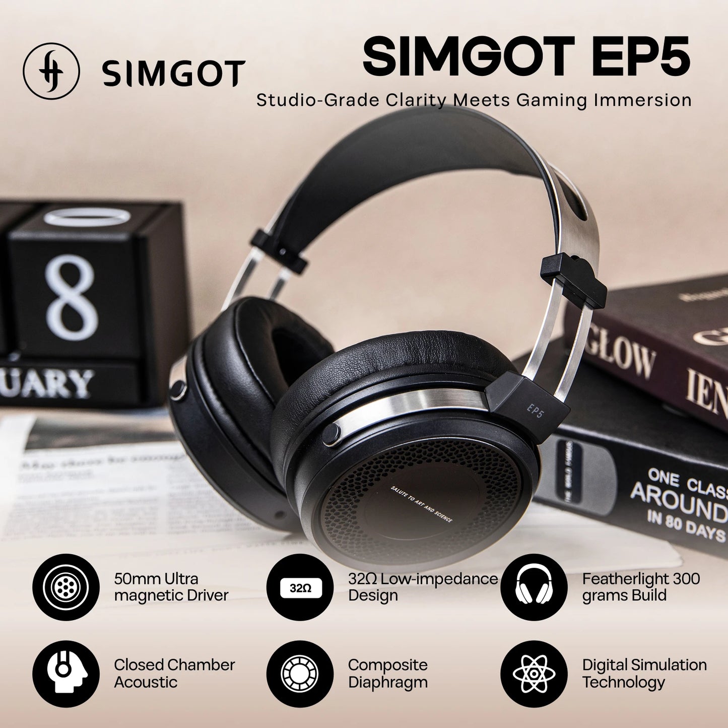 SIMGOT EP5 High-Performance 50mm Dynamic Driver Wired Headphones – HiFi Gaming Headset, Low Impedance, High Sensitivity, 7.1 Surround Sound