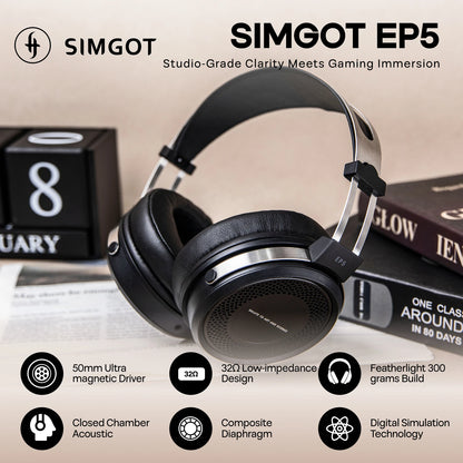 SIMGOT EP5 High-Performance 50mm Dynamic Driver Wired Headphones – HiFi Gaming Headset, Low Impedance, High Sensitivity, 7.1 Surround Sound