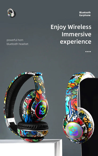 Auriculares gaming Bluetooth inalámbricos New Graffiti LX-8686 con micrófono, luz LED, compatibilidad con tarjeta TF, graves profundos y diseño circumaural para PC, gaming y niños
