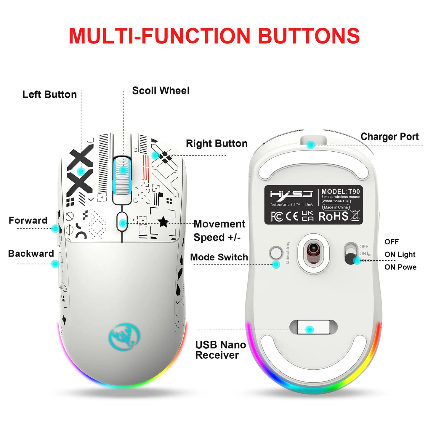 HXSJ T90 Bluetooth Gaming Mouse, 3 Modes Wireless Rechargeable RGB Gaming Mouse, Bluetooth 5.3 & 2.4G USB Gaming Mouse for PC, Laptop, Mac, iPad & Tablet