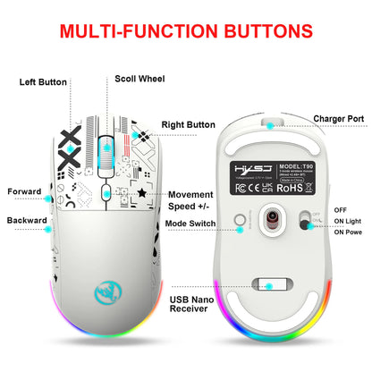 HXSJ T90 Bluetooth Gaming Mouse, 3 Modes Wireless Rechargeable RGB Gaming Mouse, Bluetooth 5.3 & 2.4G USB Gaming Mouse for PC, Laptop, Mac, iPad & Tablet