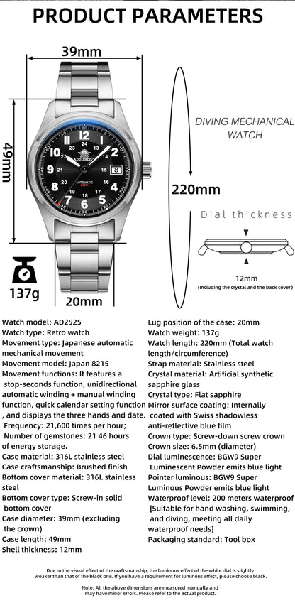 ADDIESDIVE AD2525 Automatic Watches For Men 39mm Sapphire Japanese 8215 Mechanical Watch Waterproof 20Bar Luminous Luxury Watch