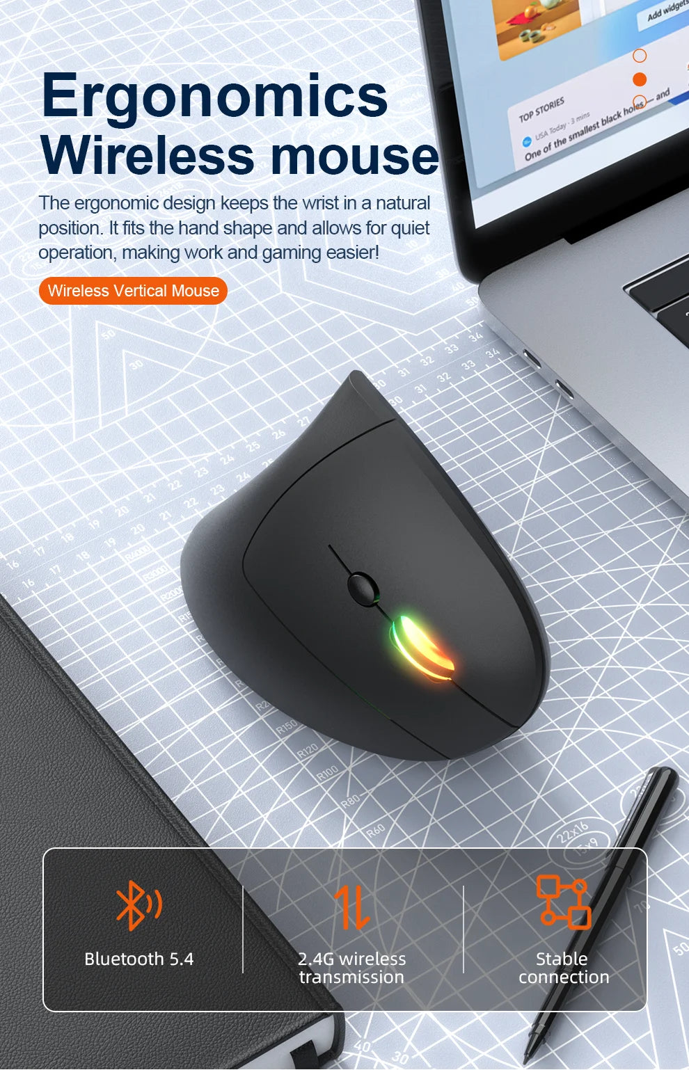 NexusClick Bluetooth Wireless Vertical Mouse, Rechargeable Ergonomic Mouse with 2.4G & Bluetooth, 1600 DPI Adjustable Silent Wireless Mouse for Laptop & PC