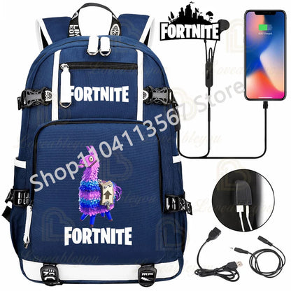 Mochila Red Jade F-Fortnited Battle Royale com carregamento USB, figuras anime e compartimento para material escolar para estudantes