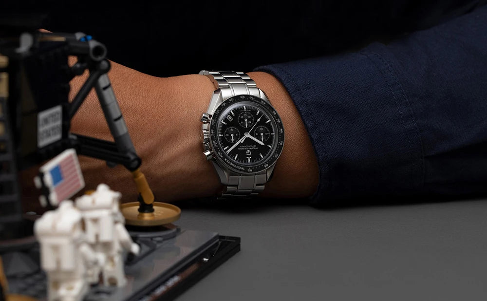 Zegarek męski PAGANI DESIGN „New Moon” – luksusowy zegarek kwarcowy, chronograf, szkło szafirowe z powłoką antyrefleksyjną, ceramiczna ramka, świecące wskazówki
