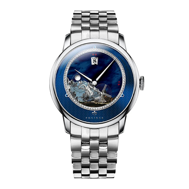 PONIGER Sapphire Crystal Glass Wrist Watch Painting Dial Man Leather Automatic Wristwatch MIYOTA 8219