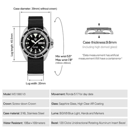 Watchdives WD1980 V3 Watch Vintage VH31 Quartz Movement Stainless Steel Watches Luminous K1 10Bar Waterproof Wristwatch