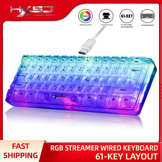 HXSJ V700 60% Wired Transparent Gaming Keyboard, RGB Backlit 61 Keys Compact USB Gaming Keyboard for PC, Mac & Laptop